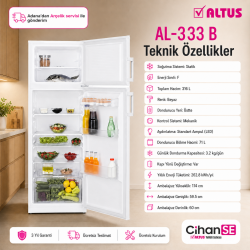 Altus AL-333-B 316 Litre İki Kapılı Buzdolabı 