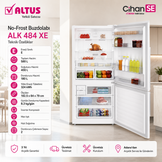 Altus ALK-484 XE 580 Litre Beyaz No-Frost Kombi Buzdolabı