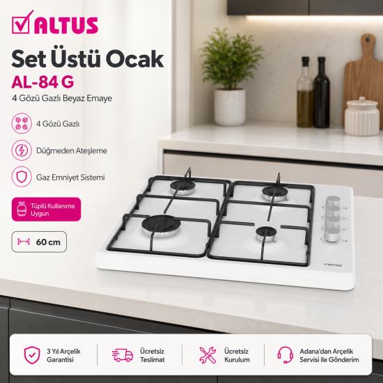 Altus AL-84 G 4 Gözü Gazlı Beyaz Emaye Setüstü Ocak