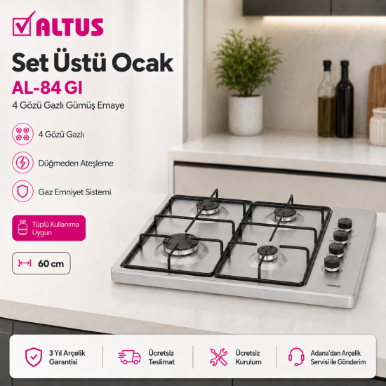 Altus AL-84 GI  4 Gözü Gazlı Gri Emaye Setüstü Ocak 