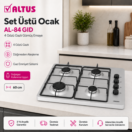 Altus AL-84 GID Silver 4 Gözü Doğal Gazlı Gri Emaye Setüstü Ocak 