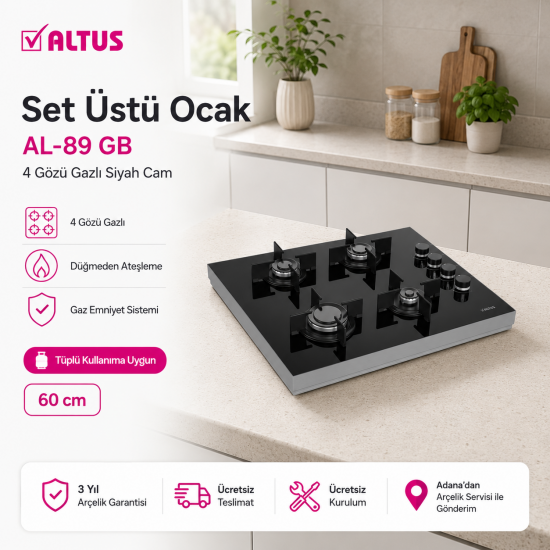 Altus AL-89 GB Siyah Cam Yüzey Cam Set üstü Ocak 