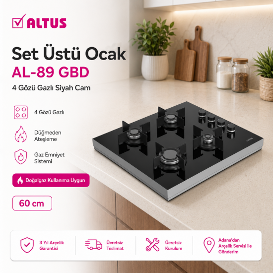 Altus AL-89 GBD Siyah Cam Yüzey Cam Set üstü Ocak 