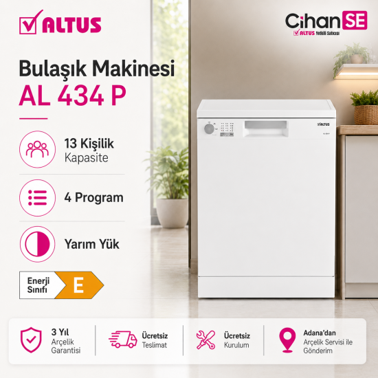 Altus AL-434 P Beyaz 4 programlı 13 Kişilik Bulaşık Makinesi