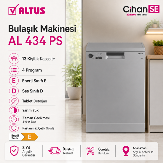 Altus AL-434 PS 4 Programlı Silver Gri Bulaşık Makinesi