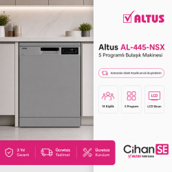 Altus AL-445 NSX 5 Programlı Gri LCD Ekran Bulaşık Makinesi