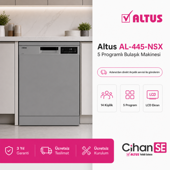 Altus AL-445 NSX 5 Programlı Gri LCD Ekran Bulaşık Makinesi