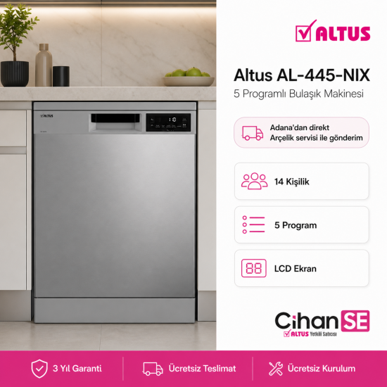 Altus AL-445 NIX INOX 5 Programlı LCD Ekranlı Bulaşık Makinesi Asansörlü