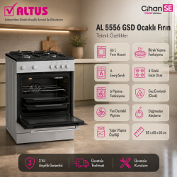 Altus AL-5556 GSD Gümüş Gri 4 Gözü Gazlı Turbo Fırın Silver 