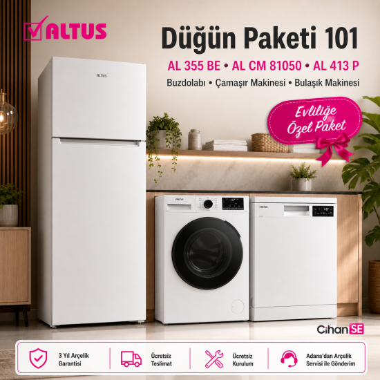 Altus Ekonomik Düğün Paketi (Paket 101) AL 413 P Bulaşık Makinesi AL-81050 Çamaşır Makinesi AL-355 BE buzdolabı 