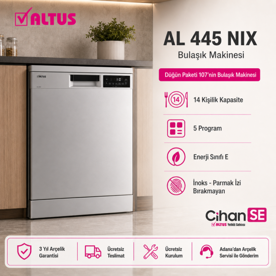 Altus XXL İnox Düğün Paketi (Paket 107) AL 445 NIX Bulaşık Makinesi AL-121460 Çamaşır Makinesi AL-376 XIE buzdolabı 