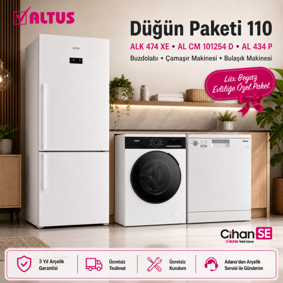 Altus Lüx Beyaz Düğün Paket 2026 (Paket-110)  ALK 474 XE BUZDOLABI - AL 434 P BULAŞIK MAKİNESİ - AL 101254 D 10 KG 