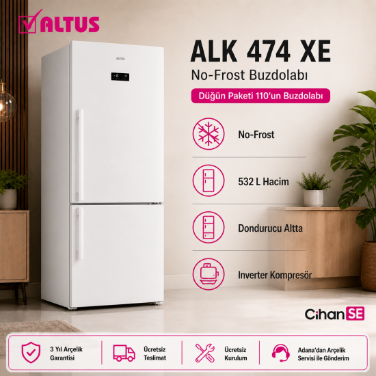 Altus Lüx Beyaz Düğün Paket 2026 (Paket-110)  ALK 474 XE BUZDOLABI - AL 434 P BULAŞIK MAKİNESİ - AL 101254 D 10 KG 