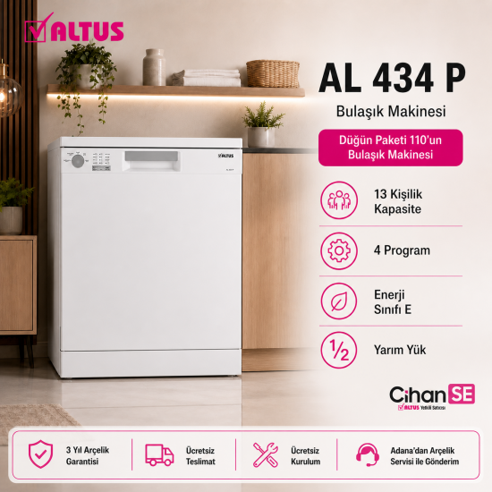 Altus Lüx Beyaz Düğün Paket 2026 (Paket-110)  ALK 474 XE BUZDOLABI - AL 434 P BULAŞIK MAKİNESİ - AL 101254 D 10 KG 