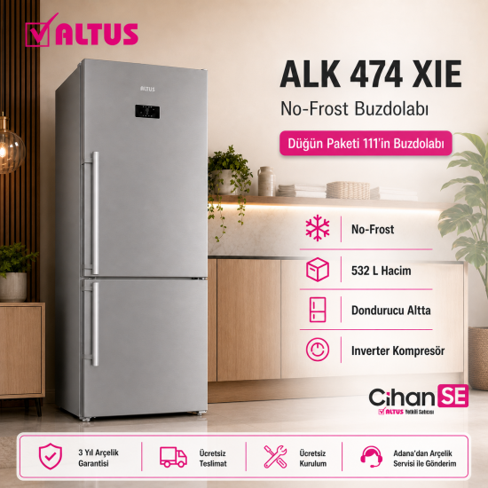 Altus inox Düğün Paketi 2026 (Paket-111) Bulaşık Makinesi AL-445 NIX - Buzdolabı AL 474 XIE - 9 Kg Çamaşır Makinesi 91050 D