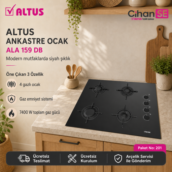 Altus Ankastre Set Siyah Cam Set no 201 ( ALA 310 B - ALA 510 B - ALA 159 DB ) 