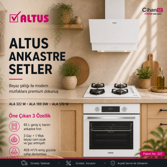 Altus Ankastre Set Beyaz cam Set no 207 ( ALA 322 W - ALA 189 DW - ALA 570 W ) 