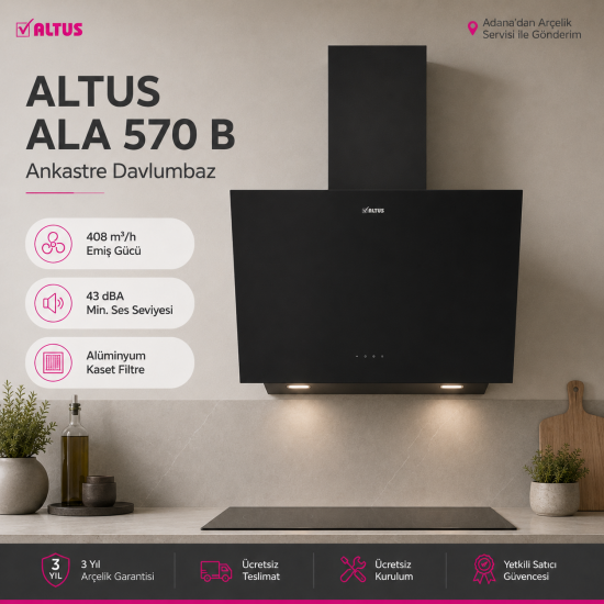 Altus ALA 570 B Siyah Cam Yüzey Eğimli Davlumbaz 