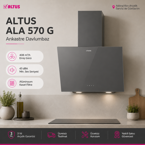 Altus ALA 570 G Gri Cam Yüzey Eğimli Davlumbaz 