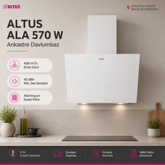Altus ALA 570 W Beyaz Cam Yüzey Eğimli Davlumbaz 