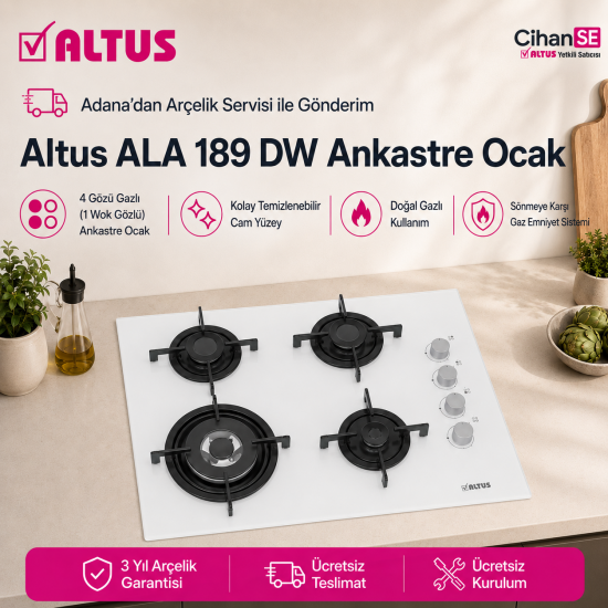 Altus ALA-189 DW 65 CM Ankastre Beyaz Cam Ocak 1 Gozu Wok